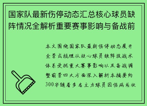 国家队最新伤停动态汇总核心球员缺阵情况全解析重要赛事影响与备战前景 国家队最新伤停动态汇总核心球员缺阵情况全解析重要赛事影响与备战前景