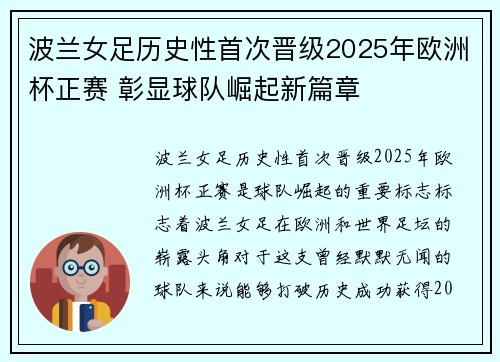 波兰女足历史性首次晋级2025年欧洲杯正赛 彰显球队崛起新篇章
