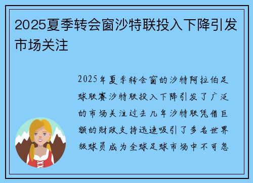 2025夏季转会窗沙特联投入下降引发市场关注 2025夏季转会窗沙特联投入下降引发市场关注